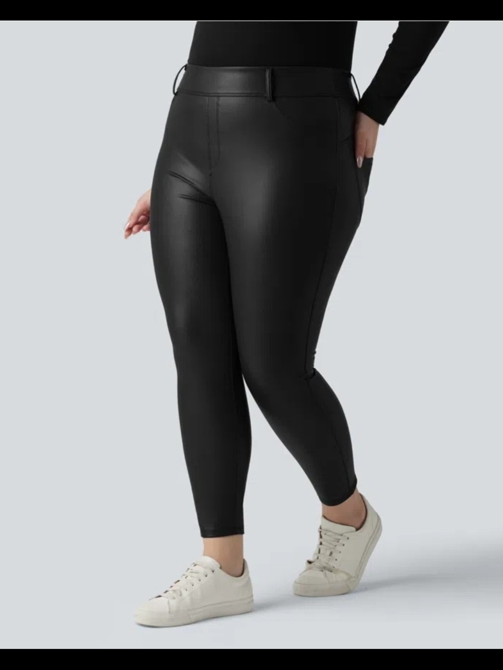 High Waisted Stretchy PU Fleece Casual 7/8 Leggings Faux Leather 2X #053